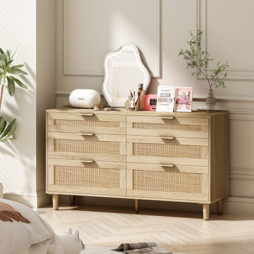 Rattan 6 Drawer Dresser with Metal Handle & Wood Legs