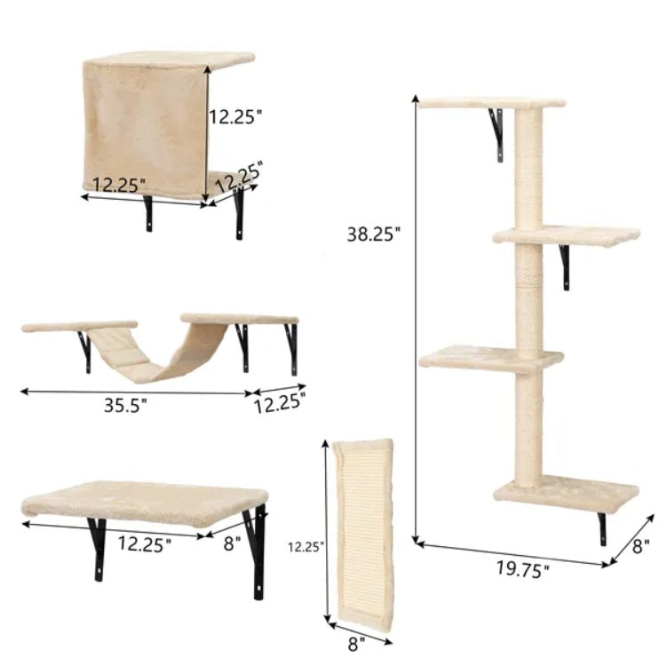 5 Pcs Wall Mounted Cat Climber Set With Scratching Posts