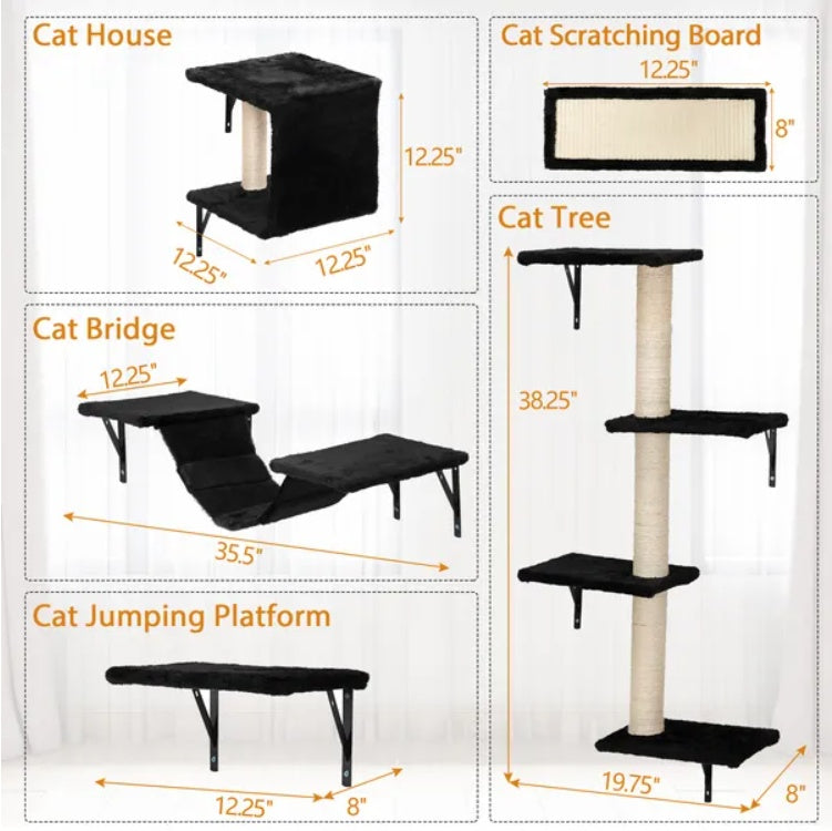 5 Pcs Wall Mounted Cat Climber Set With Scratching Posts