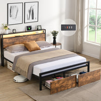 Thumbnail for Queen Size Bed Frame With Storage Headboard And 2 Drawers & LED Lights Bed With Charging Station