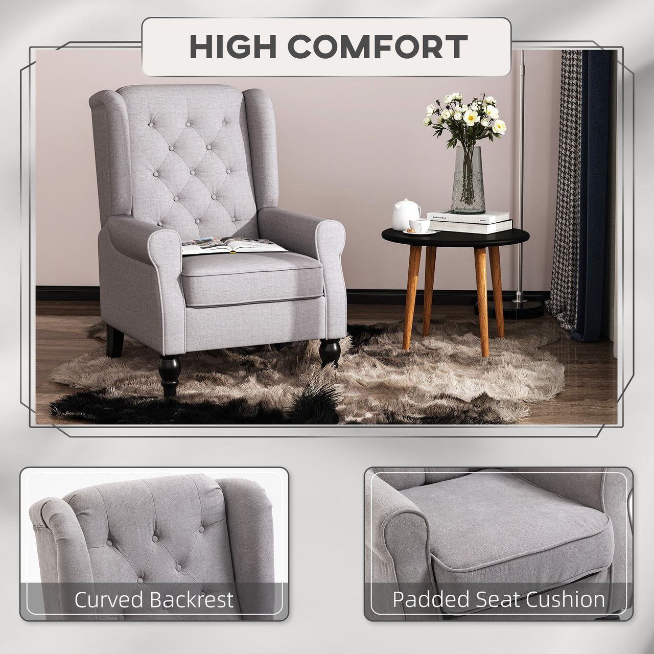 Gray Fabric Tufted Club Accent Chair With Removable Cushion
