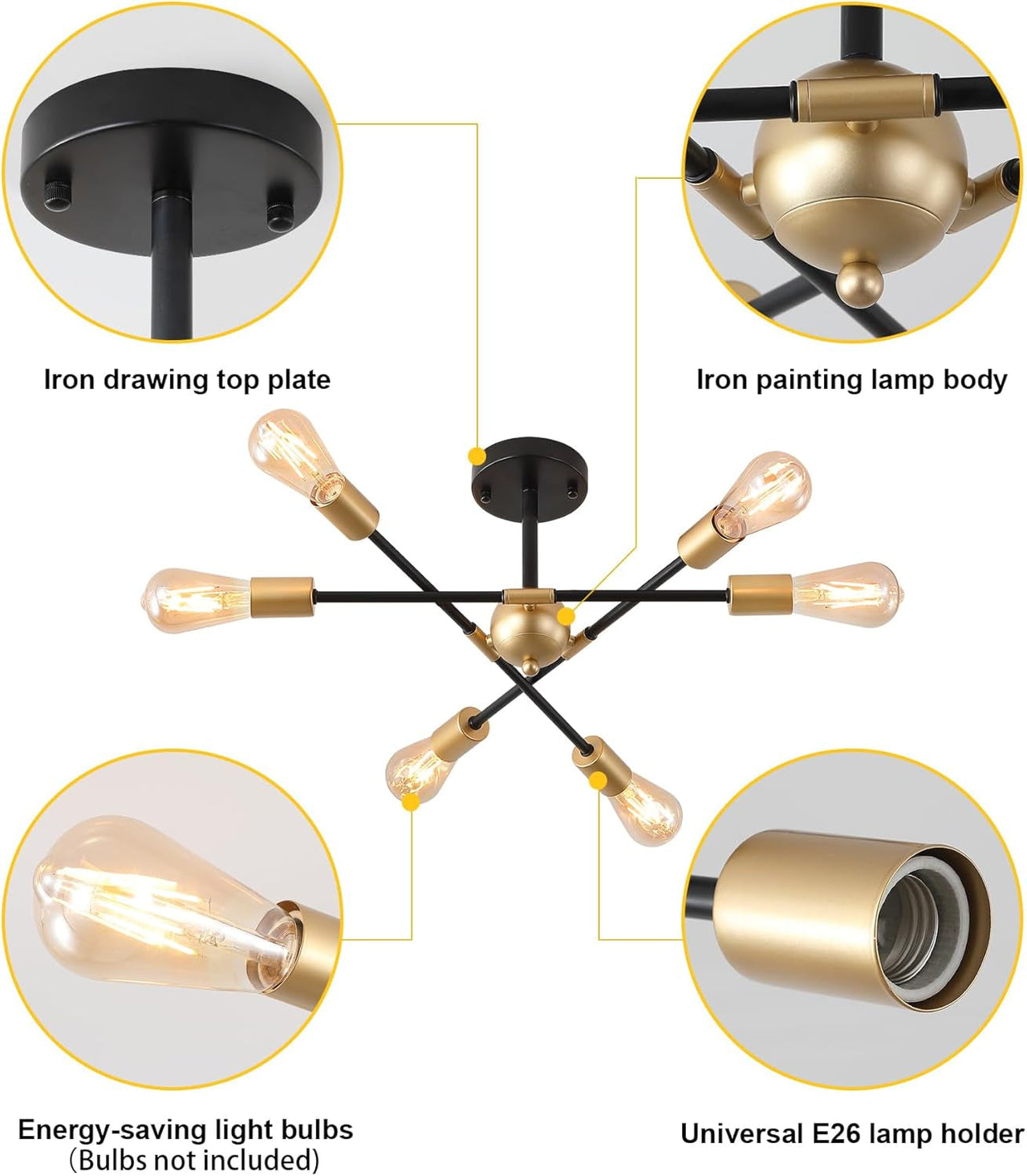 Modern Semi Flush Mount Ceiling Light Fixture Black and Gold