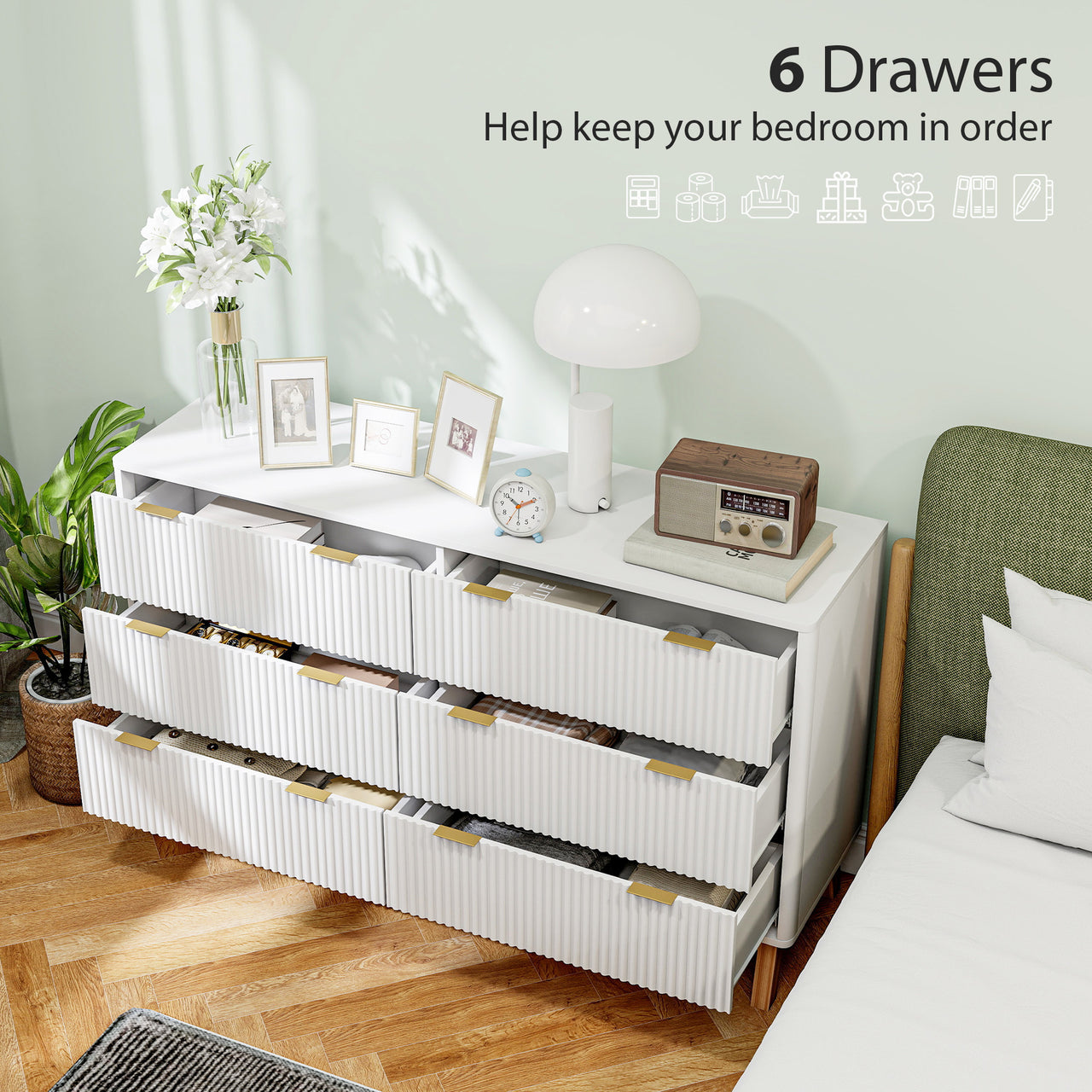 6 Drawer Fluted Chest Of Drawers With Gold Finger Pulls And 5 Wood Legs