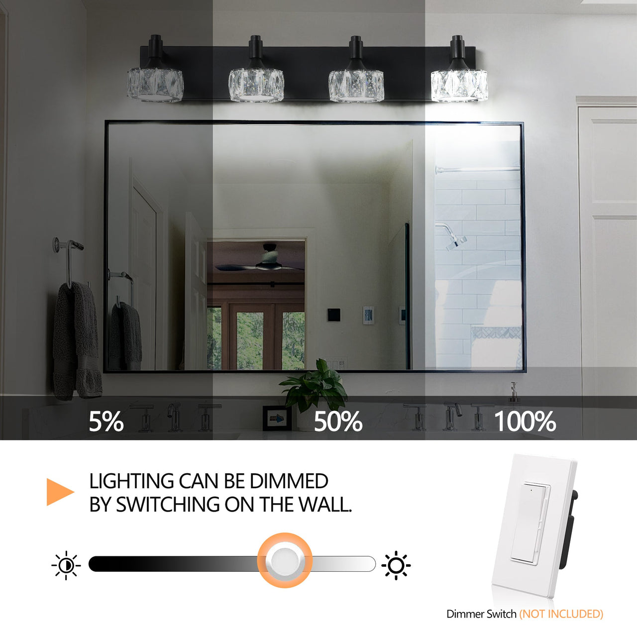 Modern 4-Light Matte Black LED Vanity Light Fixture with Crystal Glass