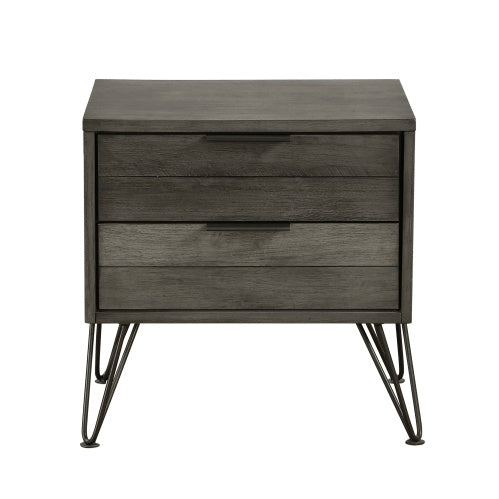 Contemporary Three-Tone Gray Finish Nightstand Perched Atop Metal Legs Acacia Veneer Modern Bedroom Furniture