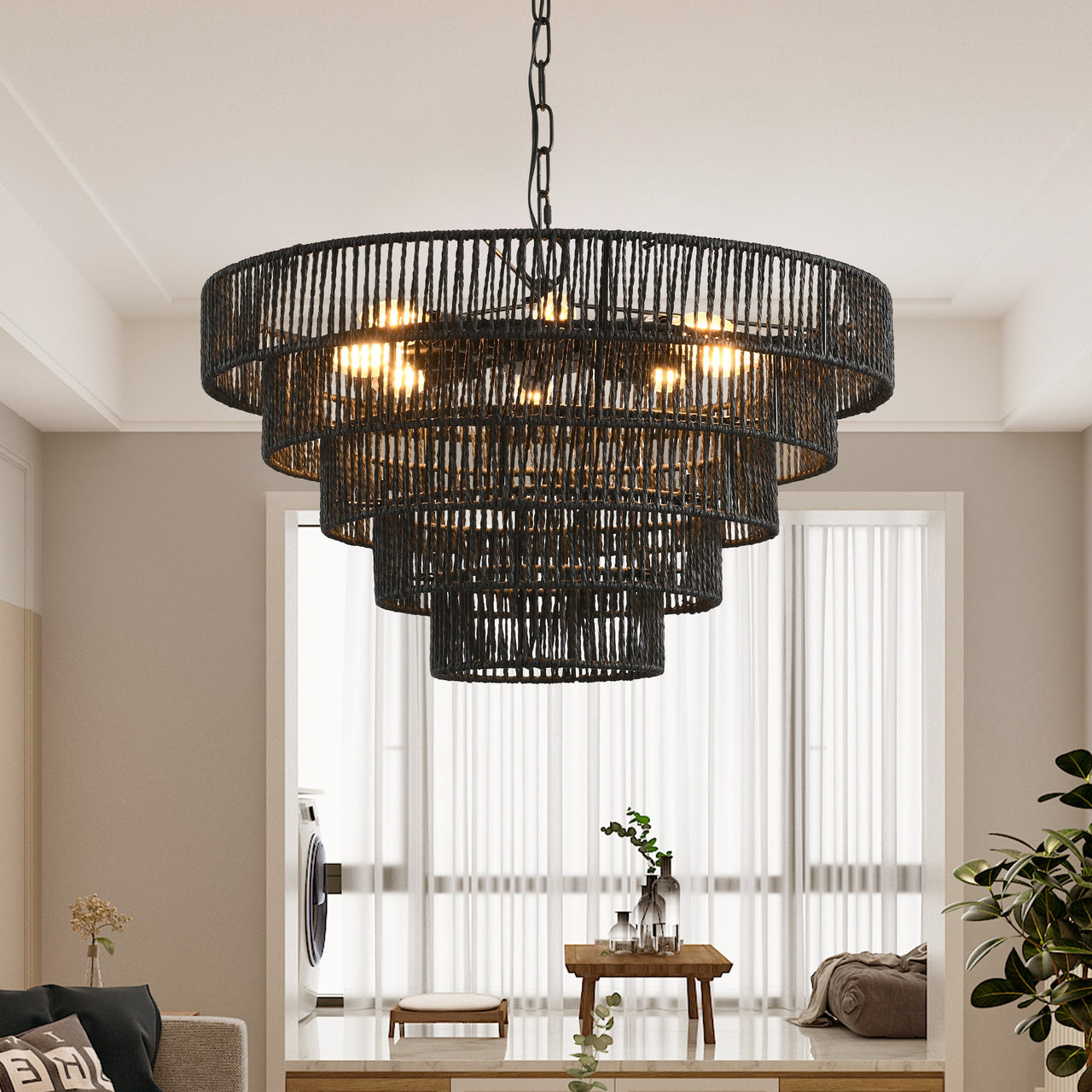 Rustic 5-Tier Black Hemp Rope Chandelier with 8 E12 Sockets