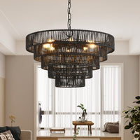 Thumbnail for Rustic 5-Tier Black Hemp Rope Chandelier with 8 E12 Sockets