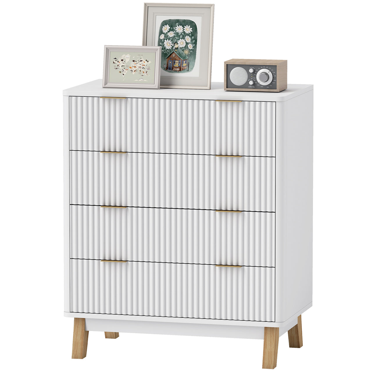 4 Drawer Fluted Chest Of Drawers With Gold Finger Pulls And 4 Wood Legs