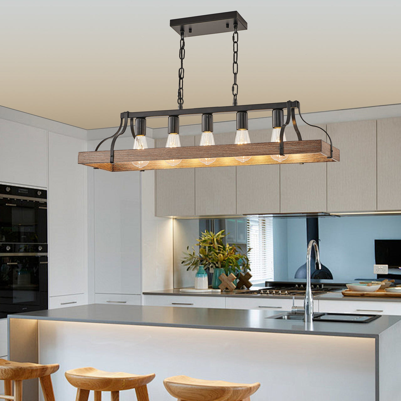 Black and Faux Wood Grain Pendant Light