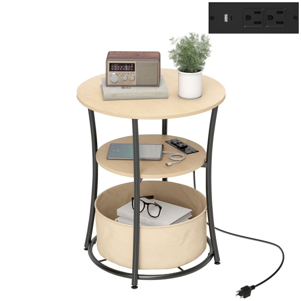 Round Side Table With Charging Station