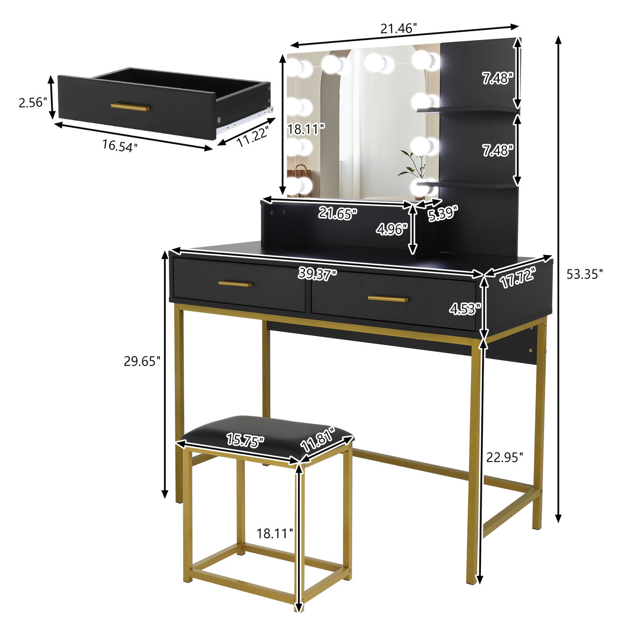 Black, Particleboard, Steel Frame, Two-drawer, Three-tier Shelf, Dressing Table Set