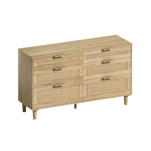 Rattan 6 Drawer Dresser with Metal Handle & Wood Legs