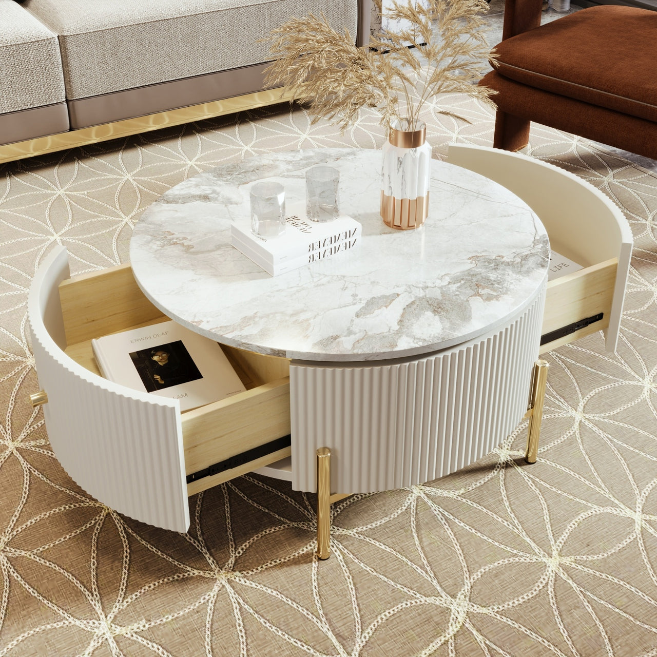Modern Round Coffee Table With 2 Large Drawers Storage Accent Table