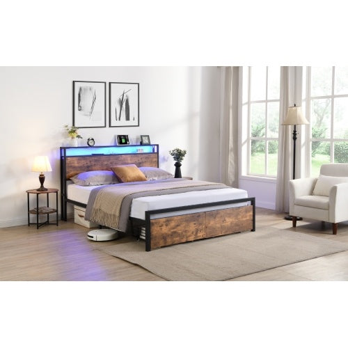 Queen Size Bed Frame With Storage Headboard And 2 Drawers & LED Lights Bed With Charging Station