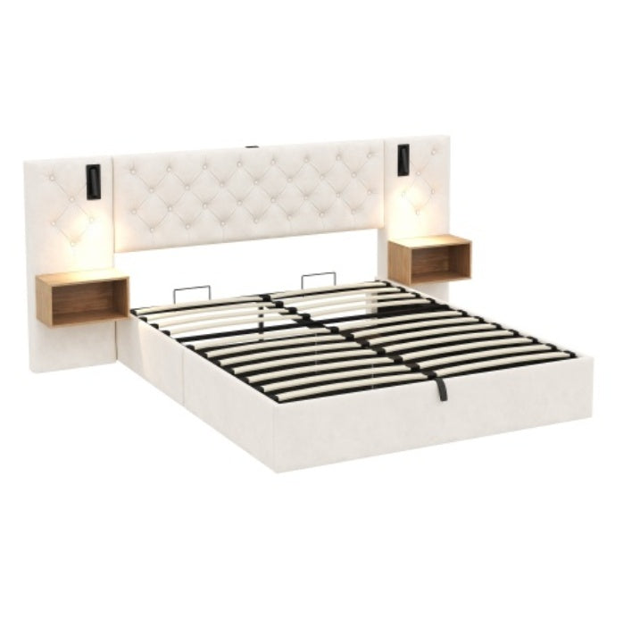 King Upholstered Velvet Hydraulic Storage Bed With Reading Light