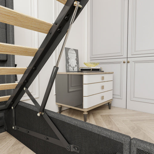 Queen Size Bed Frame With Lift Up Storage Bed & Modern Wingback Headboard