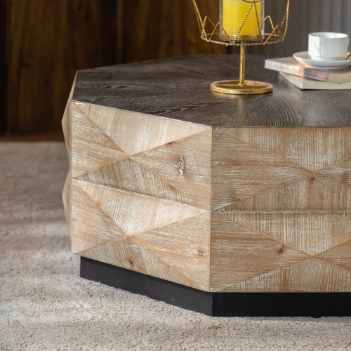 Retro Style Wood Center Table With Three-Dimensional Embossed Pattern