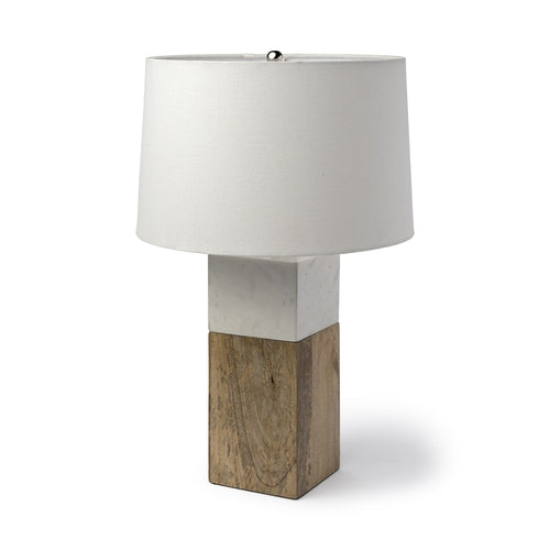 White Marble And Natural Wood Block Table Lamp
