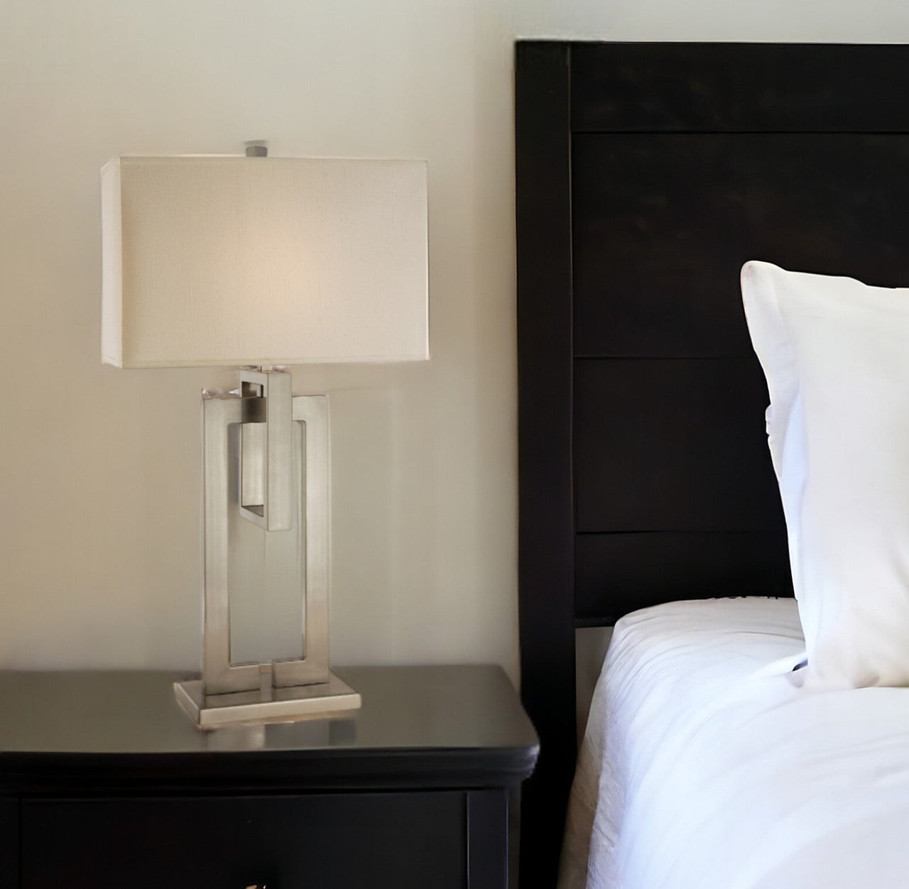 Nickel Iron Geometric Table Lamp With Ivory Shade