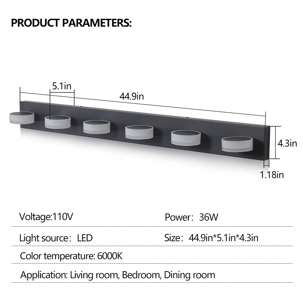 LED Modern Black 6-Light Vanity Lights Fixtures Over Mirror Bath Wall