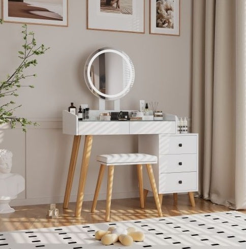 Dressing Table With LED Lights & Extendable Side Table, Stool