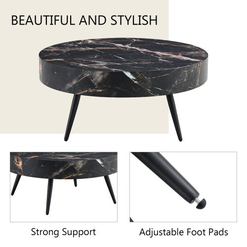 Black Marble-Patterned MDF Round Coffee Table With Black Metal Legs