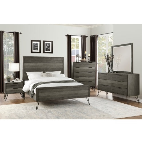 Contemporary Three-Tone Gray Finish Nightstand Perched Atop Metal Legs Acacia Veneer Modern Bedroom Furniture