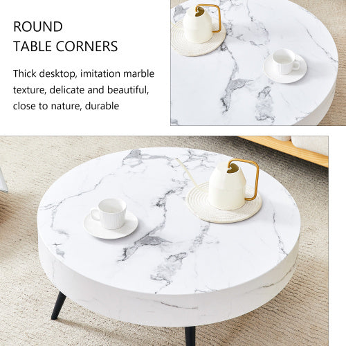 White Marble-Patterned MDF Round Coffee Table With Black Metal Legs