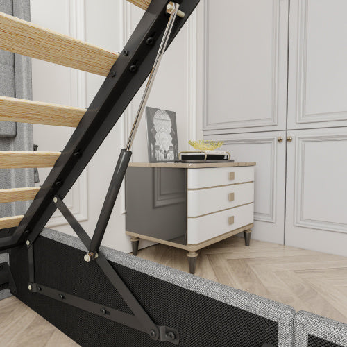 Queen Size Bed Frame With Lift Up Storage Bed & Modern Wingback Headboard