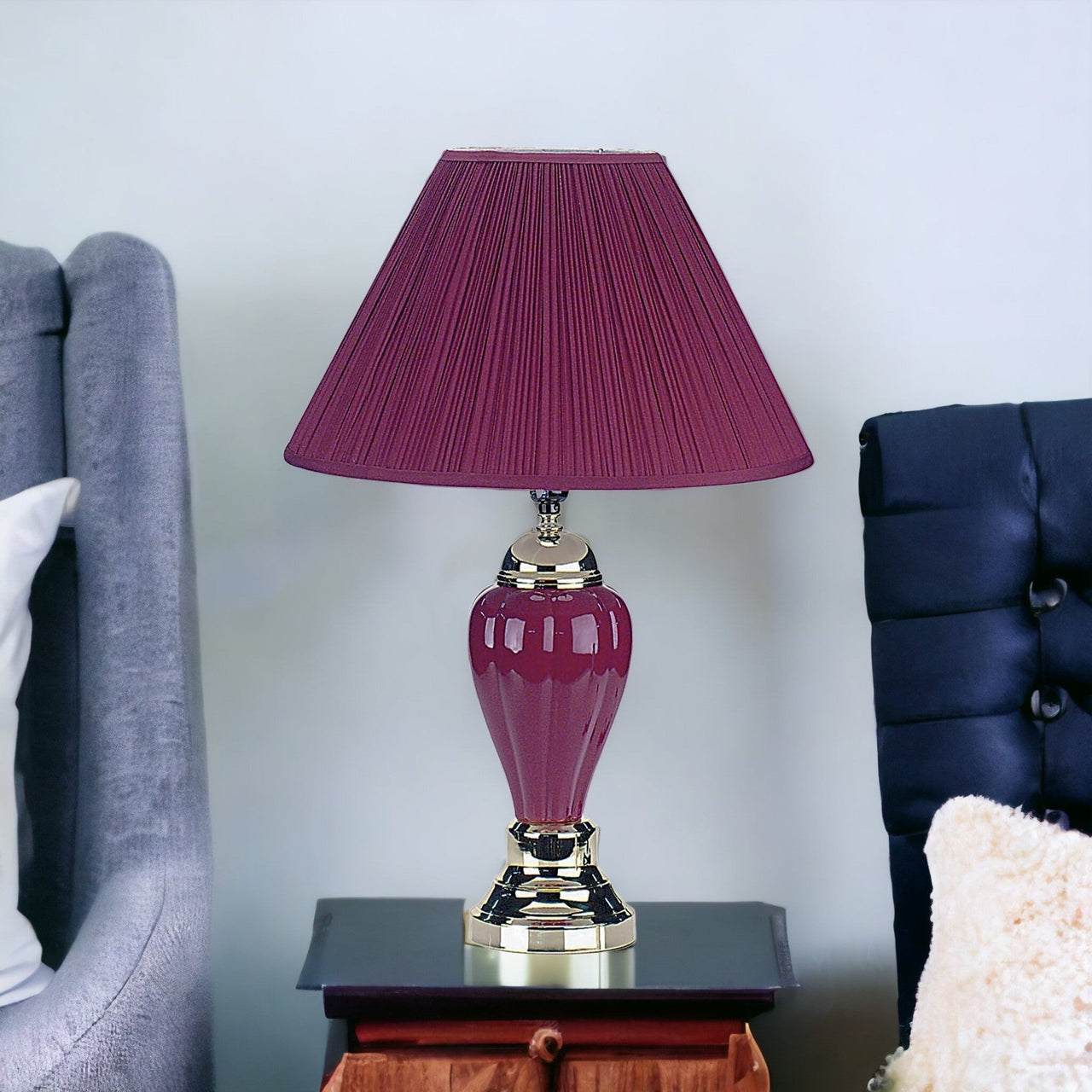 Silver Ceramic Bedside Table Lamp With Magenta Empire Shade
