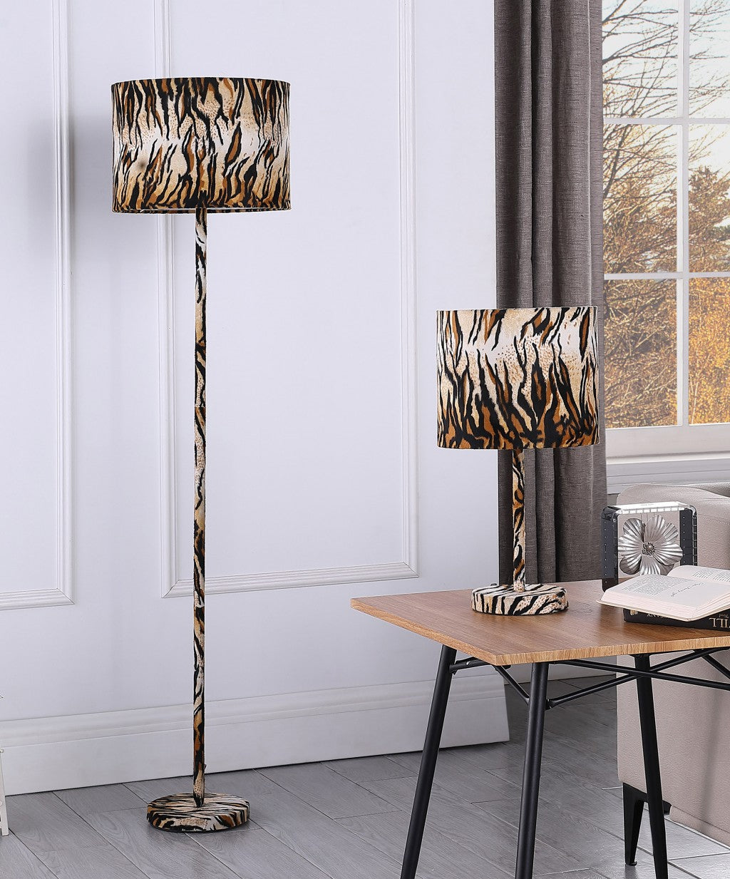 Brown And Black Bedside Table Lamp With Brown And Black Drum Shade