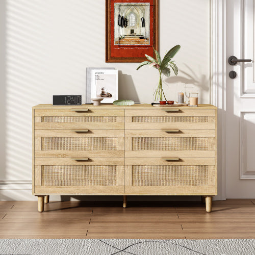 Rattan 6 Drawer Dresser with Metal Handle & Wood Legs