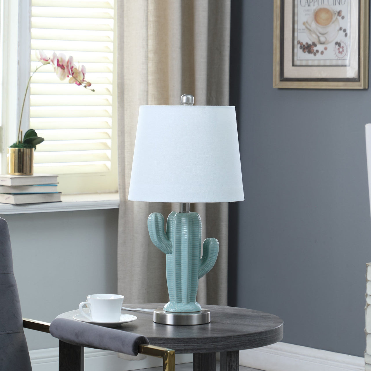 Pale Blue Green Ceramic Cactus Table Lamp With White Shade