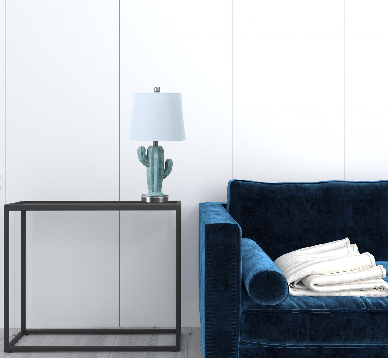 Pale Blue Green Ceramic Cactus Table Lamp With White Shade