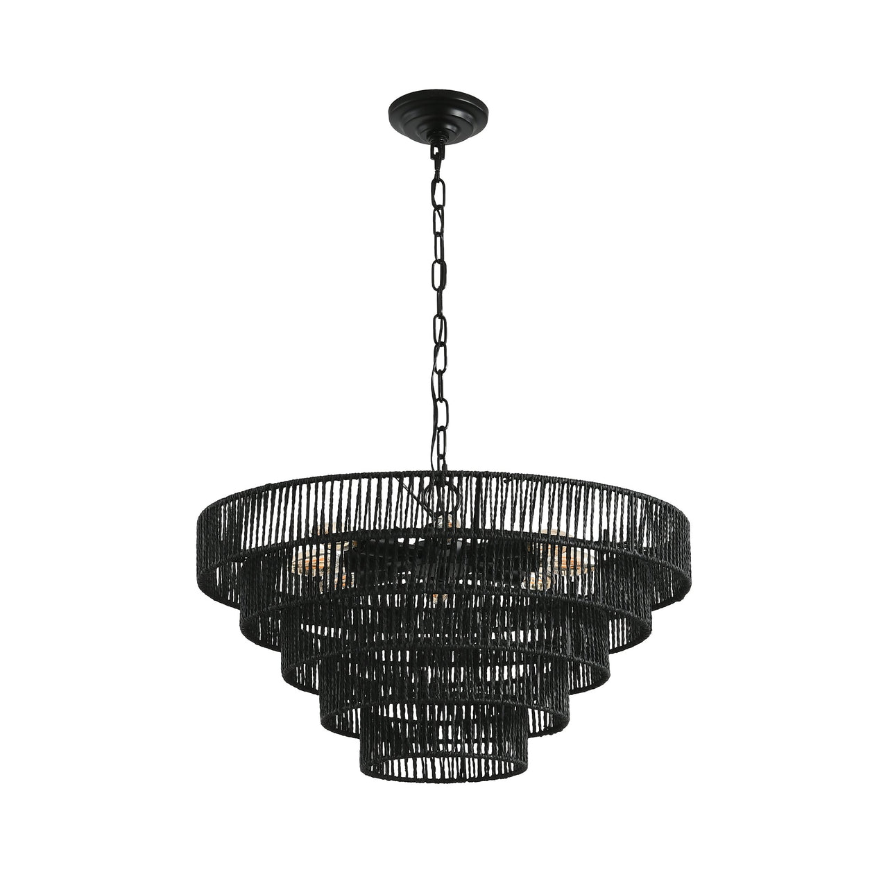 Rustic 5-Tier Black Hemp Rope Chandelier with 8 E12 Sockets
