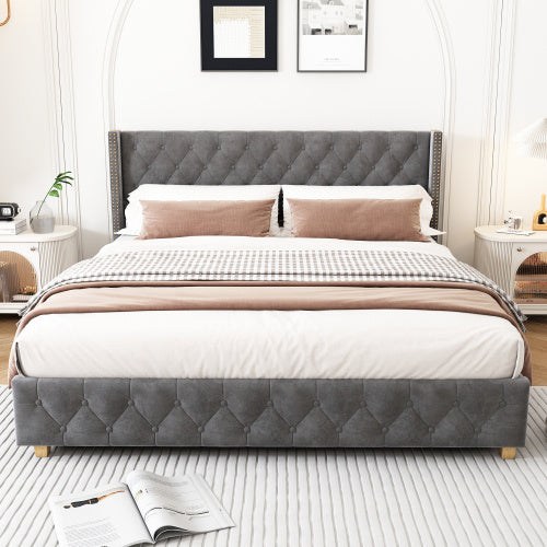 Upholstered King Size Bed With Slatted Frame And Headboard