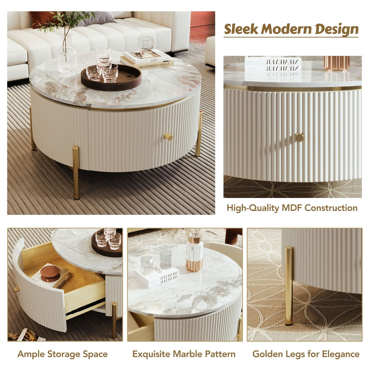 Modern Round Coffee Table With 2 Large Drawers Storage Accent Table