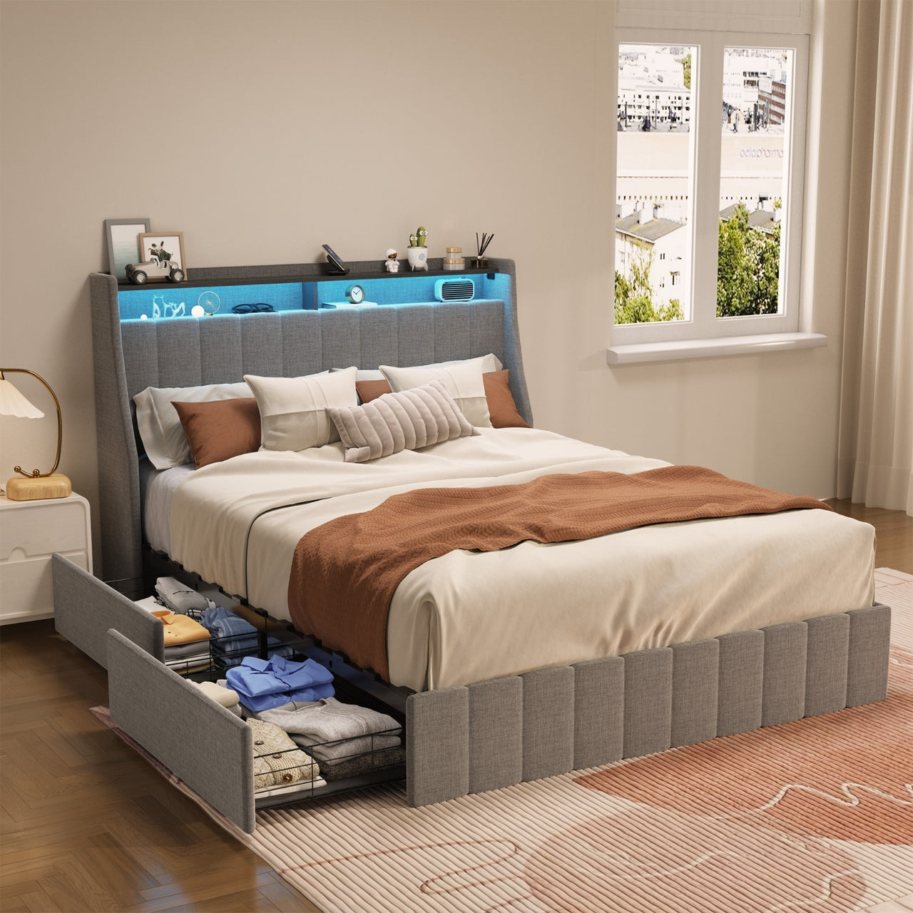 Queen Size Bed Frame With LED, Storage Drawers, Wings Headboard
