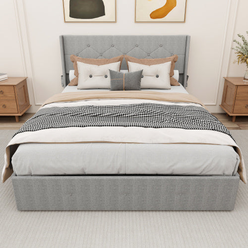 Queen Size Bed Frame With Lift Up Storage Bed & Modern Wingback Headboard