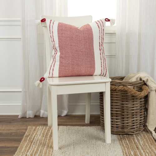 Red and White Color Block Cotton Throw Pillow With Tassels