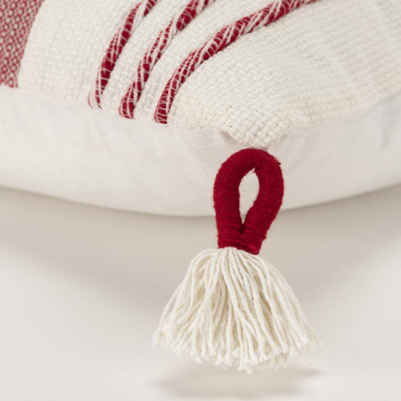 Red and White Color Block Cotton Throw Pillow With Tassels