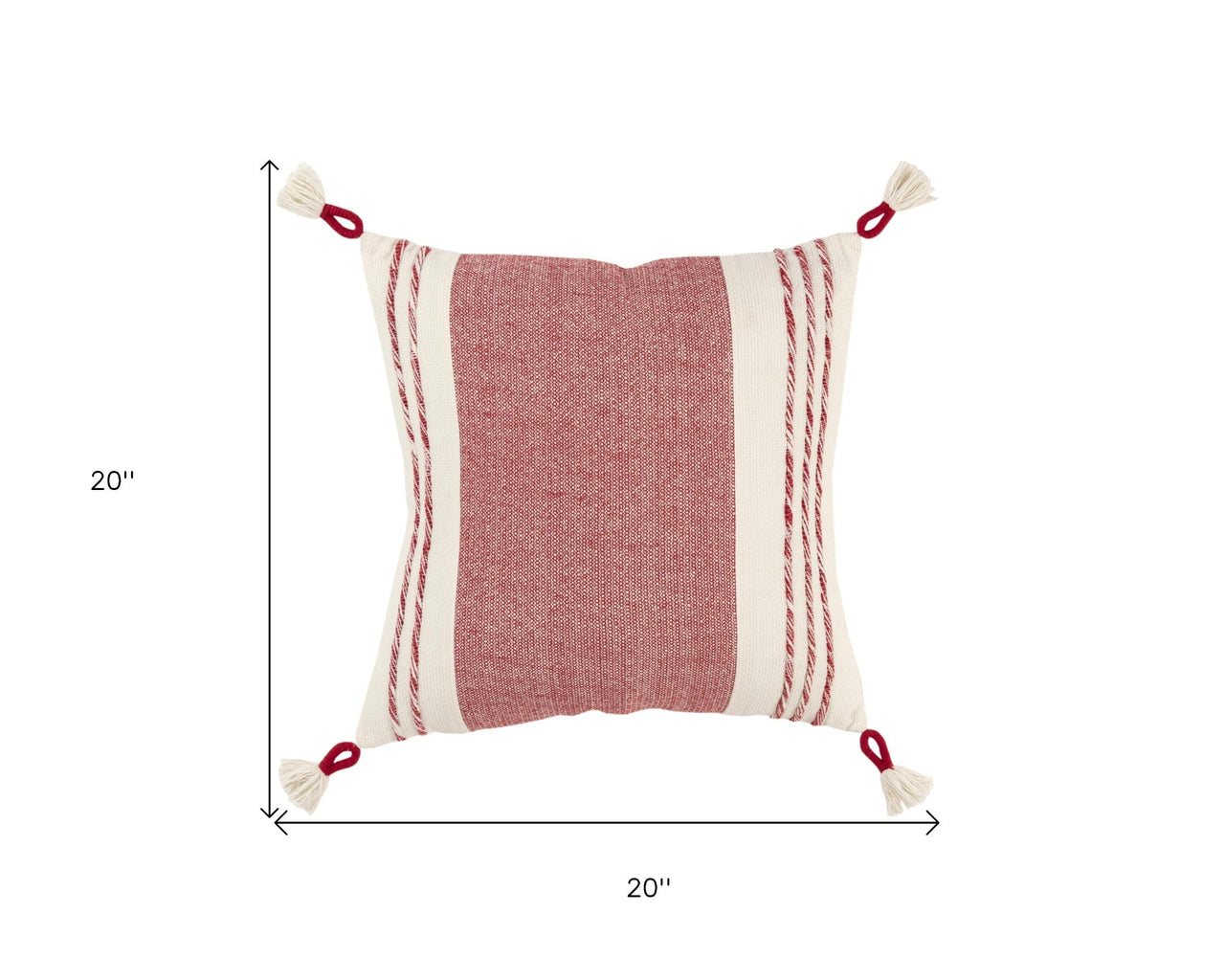 Red and White Color Block Cotton Throw Pillow With Tassels