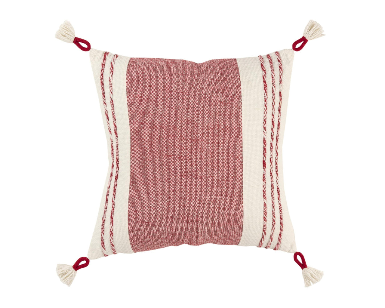 Red and White Color Block Cotton Throw Pillow With Tassels