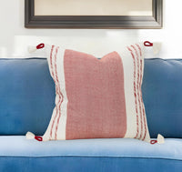 Thumbnail for Red and White Color Block Cotton Throw Pillow With Tassels
