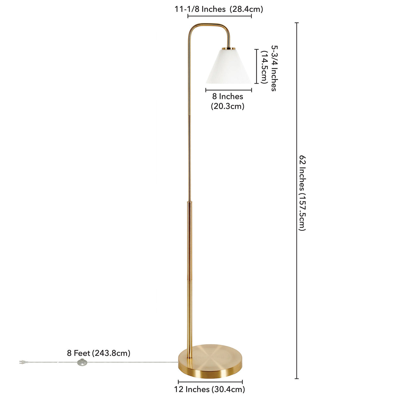 Brass Arched Floor Lamp With White Frosted Glass Cone Shade