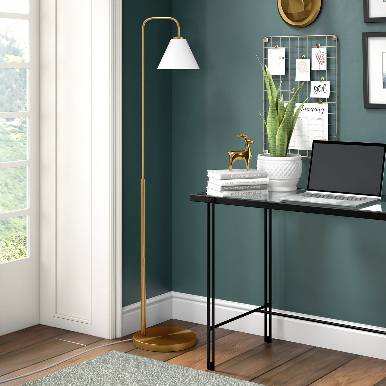 Brass Arched Floor Lamp With White Frosted Glass Cone Shade