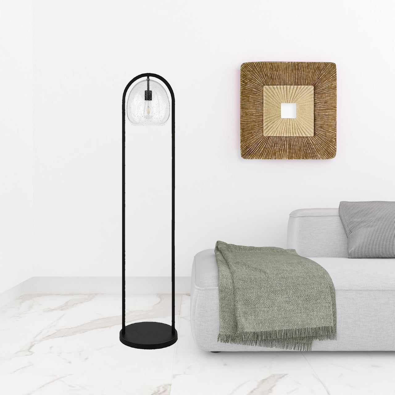 Black Column Floor Lamp With Clear Seeded Glass Globe Shade