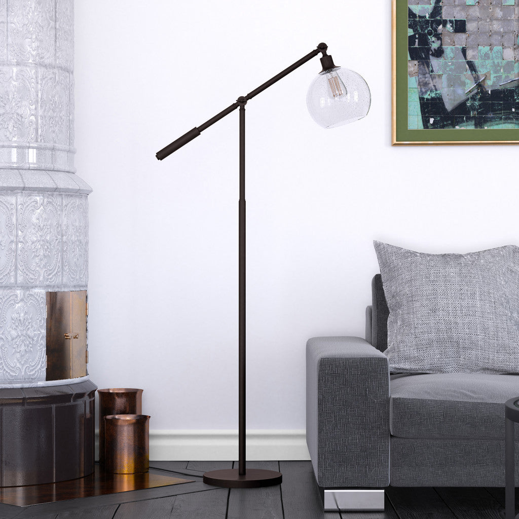 Black Reading Floor Lamp With Clear Seeded Glass Globe Shade