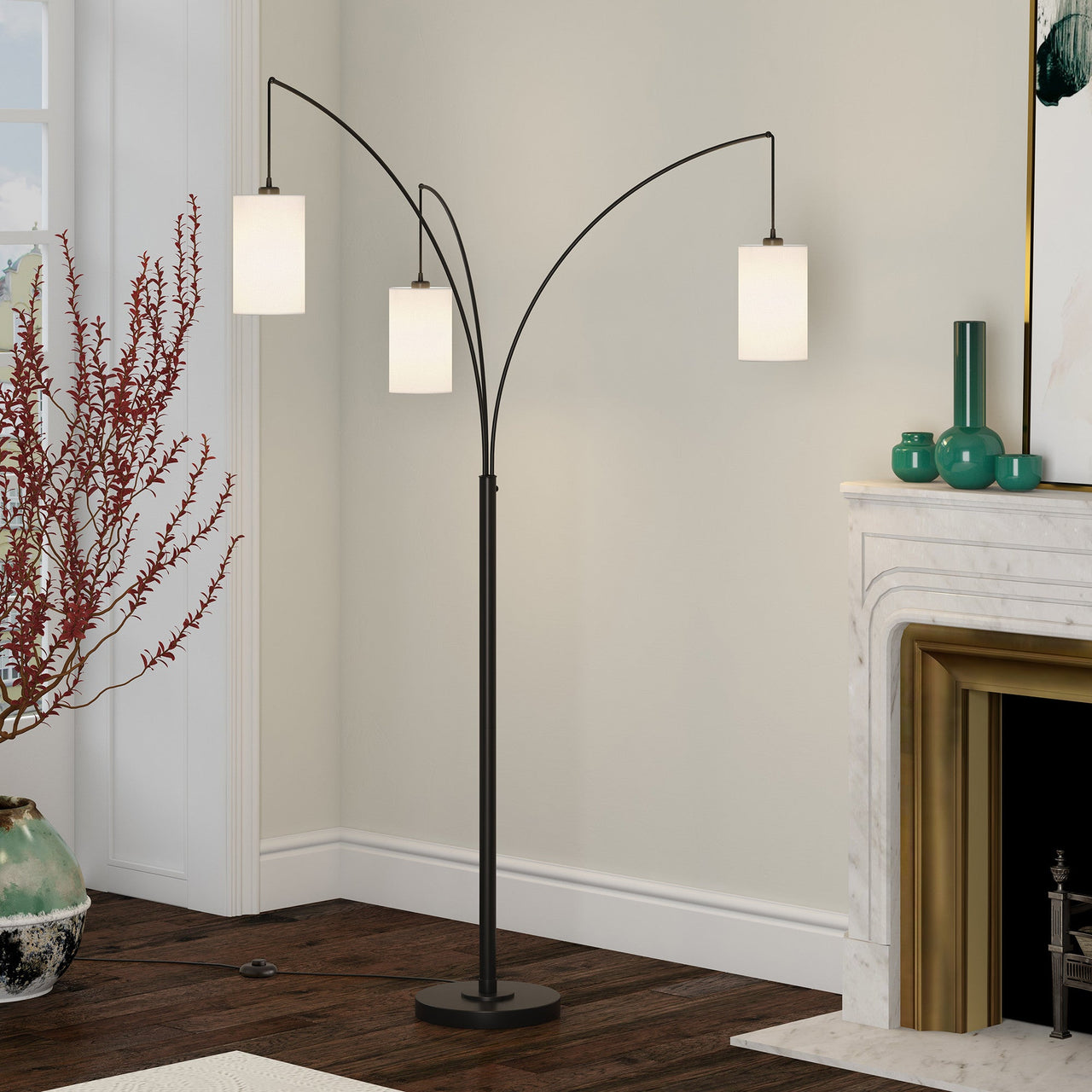 Black Three Light Torchiere Floor Lamp With White Frosted Glass