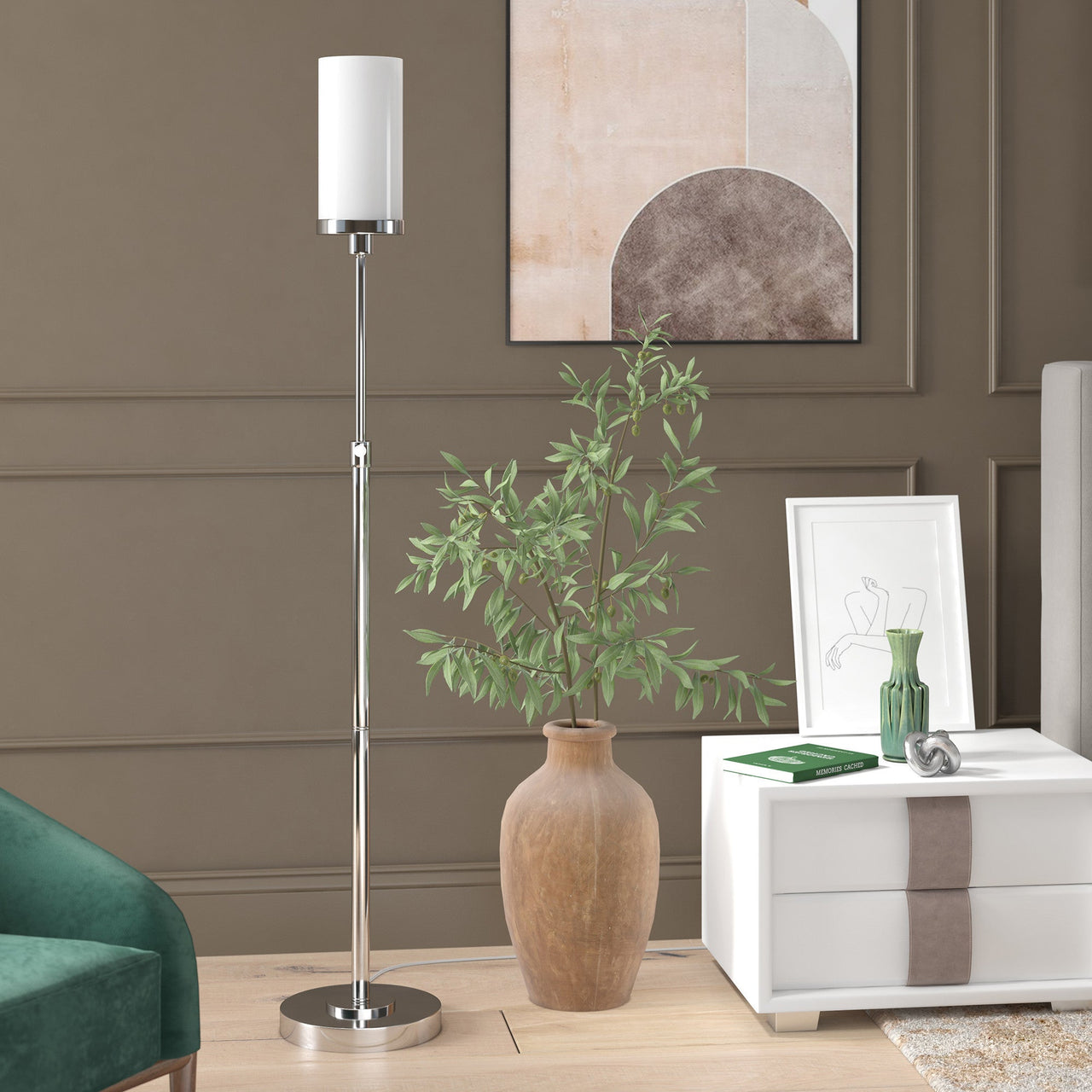 Nickel Torchiere Floor Lamp With White Frosted Glass Drum Shade